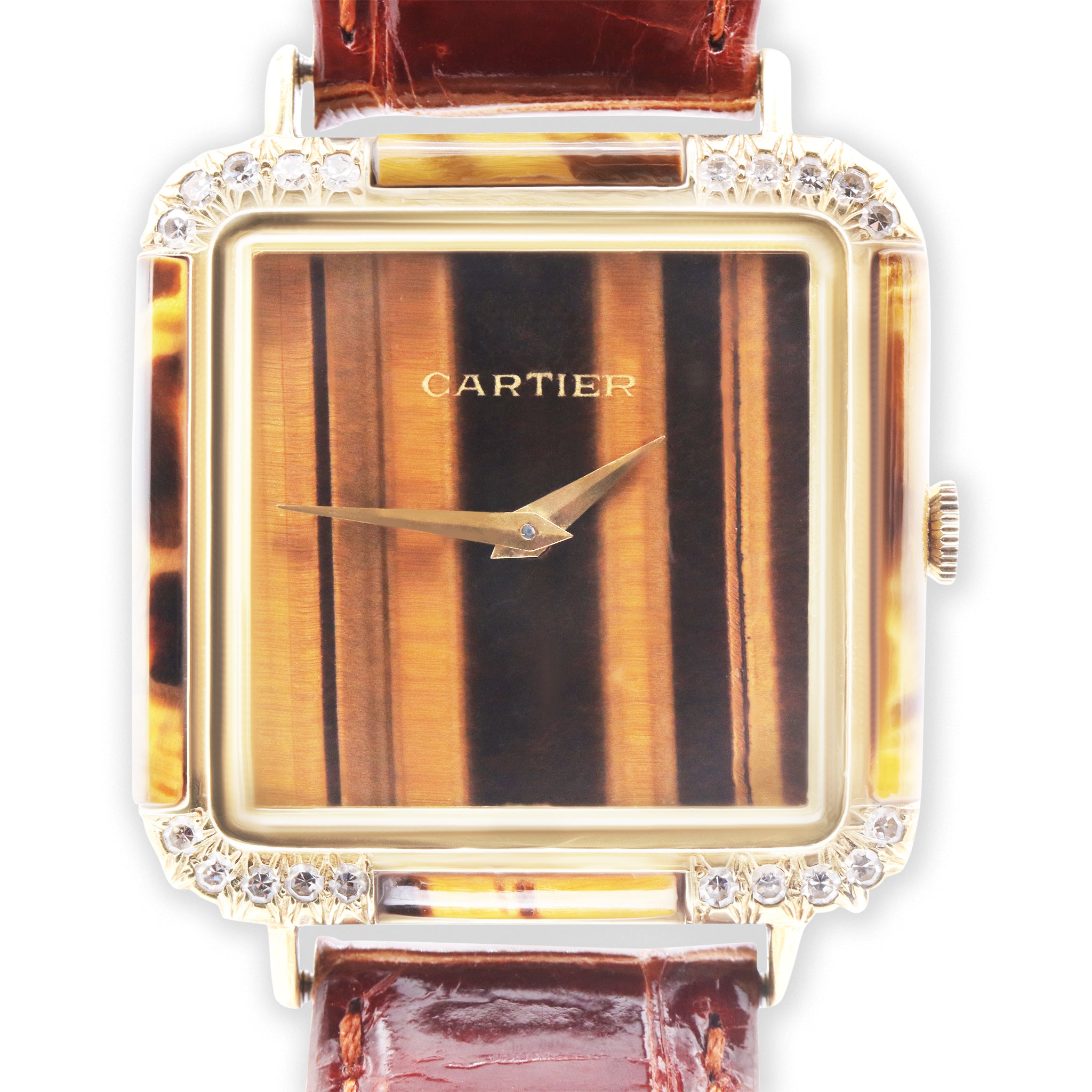 VINTAGE 18K YELLOW GOLD TIGER EYE DIAL WITH DIAMONDS