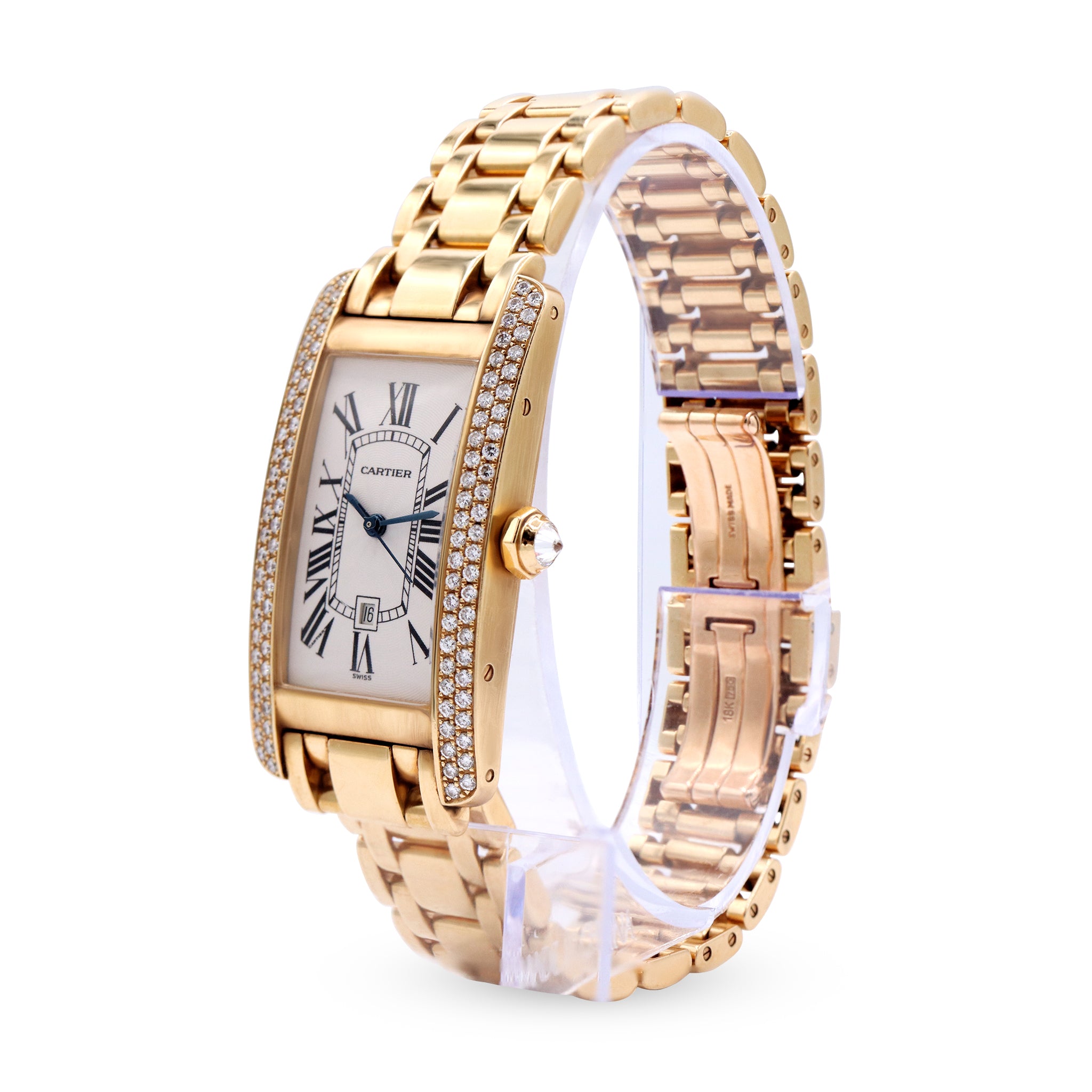 DUPLICATE- CARTIER TANK AMERICAINE 18K YELLOW GOLD LADIES DIAMOND BEZEL, WHITE DIAL