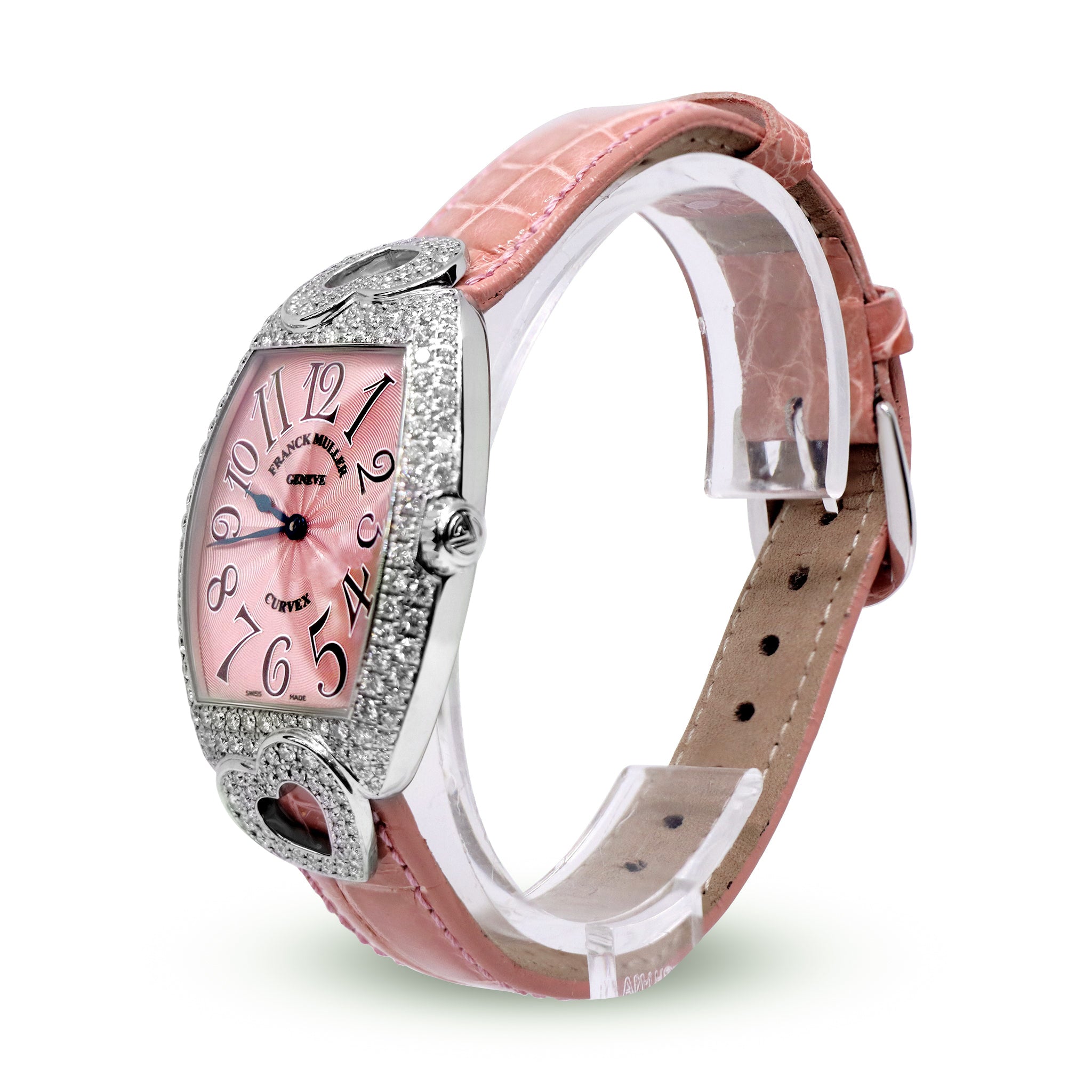 LADIES HEART SHAPE 18K WHITE GOLD, PINK DIAL