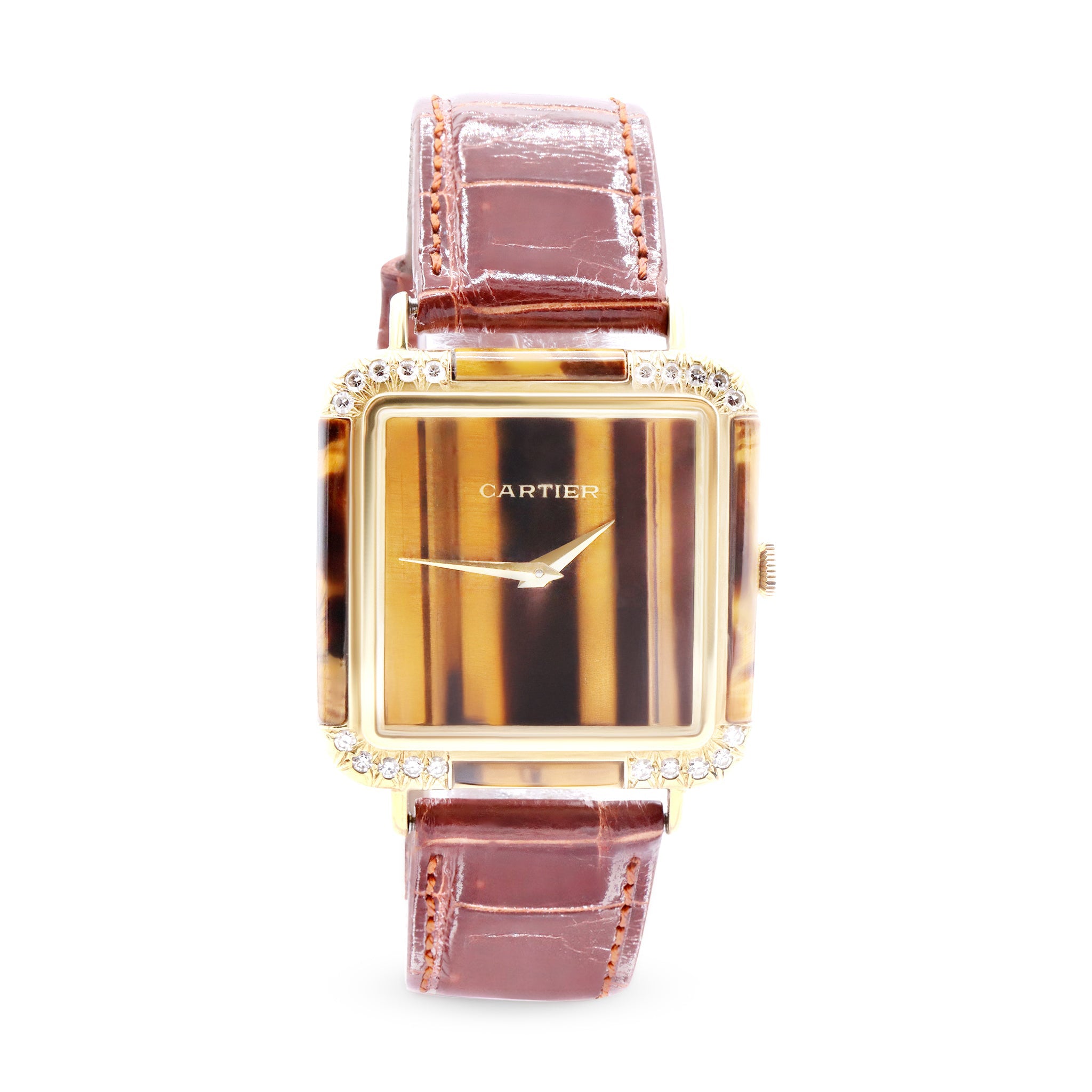 VINTAGE 18K YELLOW GOLD TIGER EYE DIAL WITH DIAMONDS