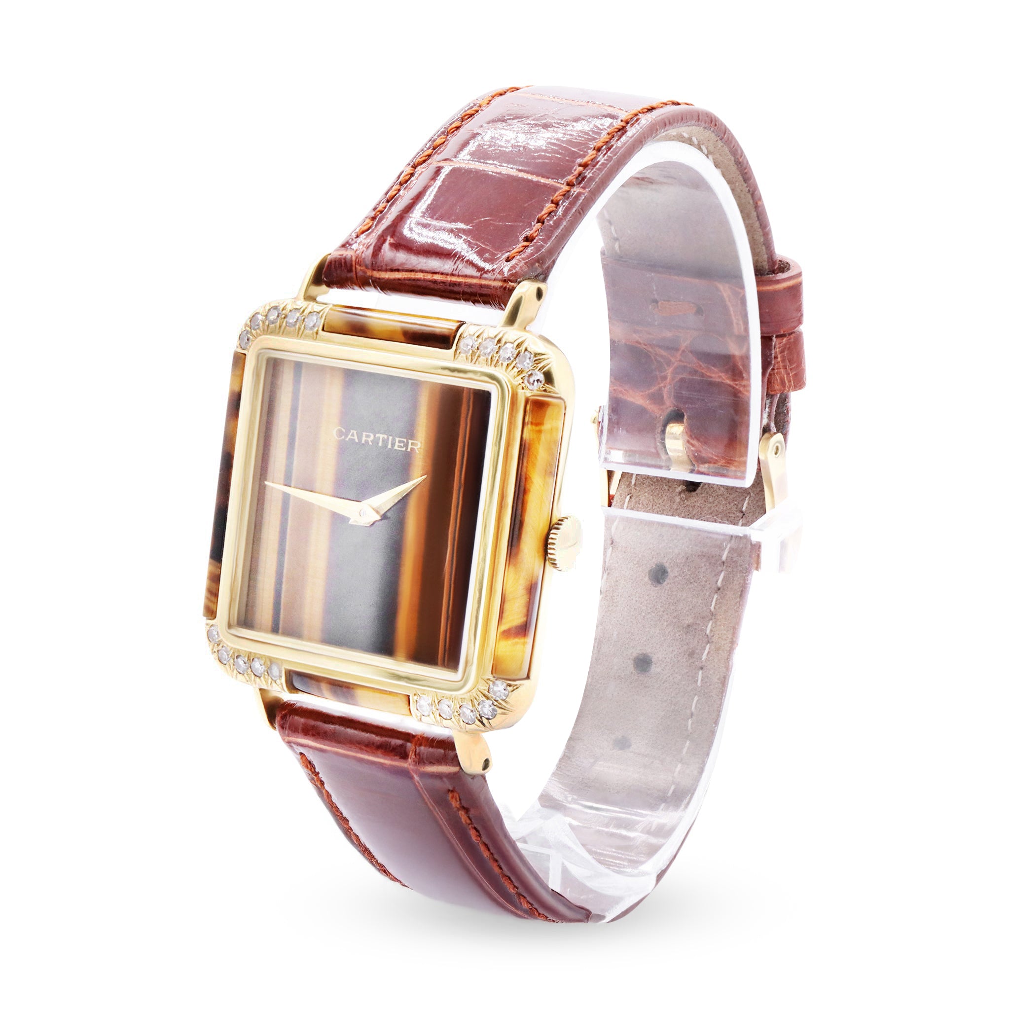 VINTAGE 18K YELLOW GOLD TIGER EYE DIAL WITH DIAMONDS